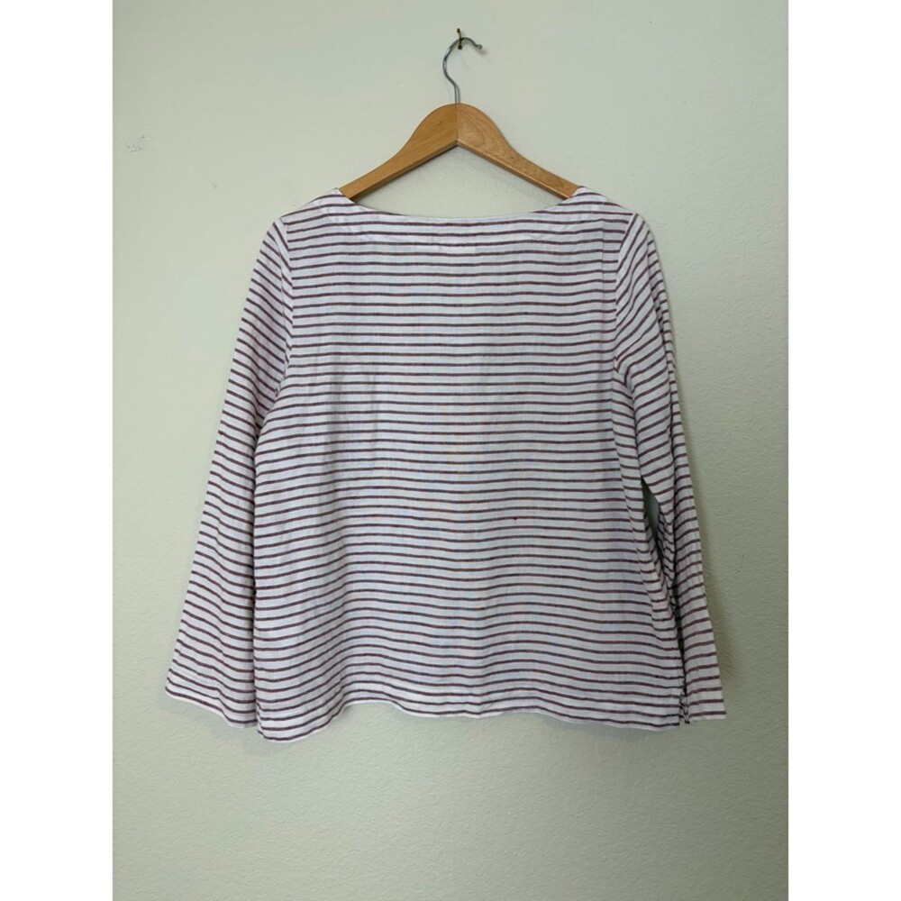 Singrid Olsen 100% Linen White and Red Stripe Longsleeve Minimalist Chic Blouse - Picture 5 of 7